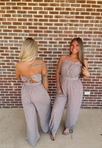 Gingham Plaid Open-Back Bubble-Leg Cami Jumpsuit