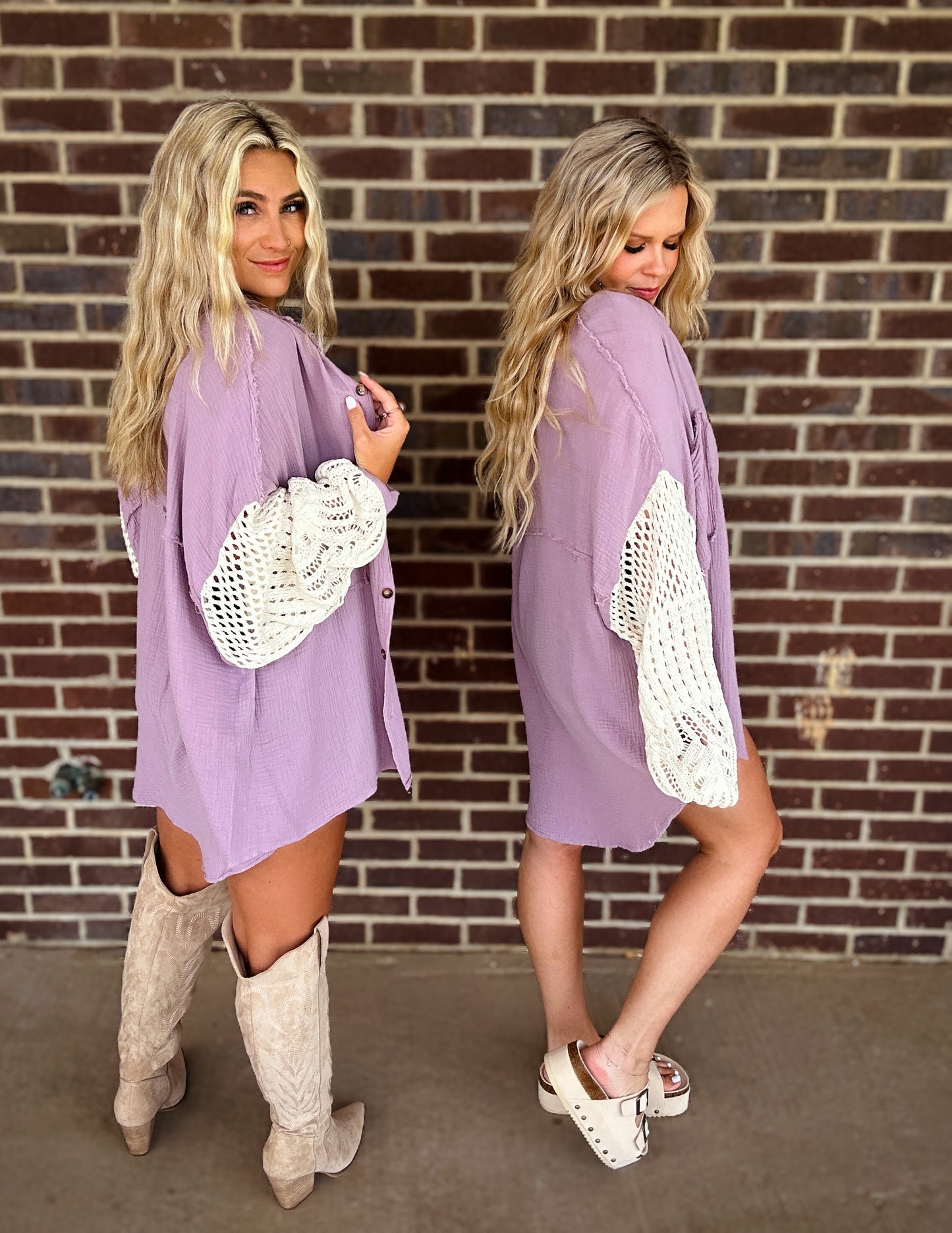 Follow along crochet button down top- Dusty lavender