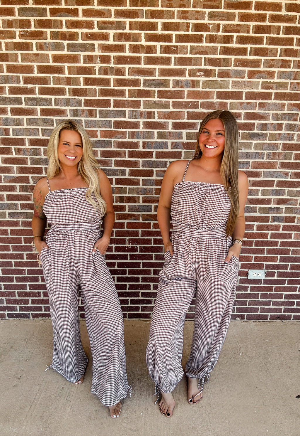 Gingham Plaid Open-Back Bubble-Leg Cami Jumpsuit