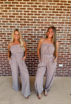 Gingham Plaid Open-Back Bubble-Leg Cami Jumpsuit