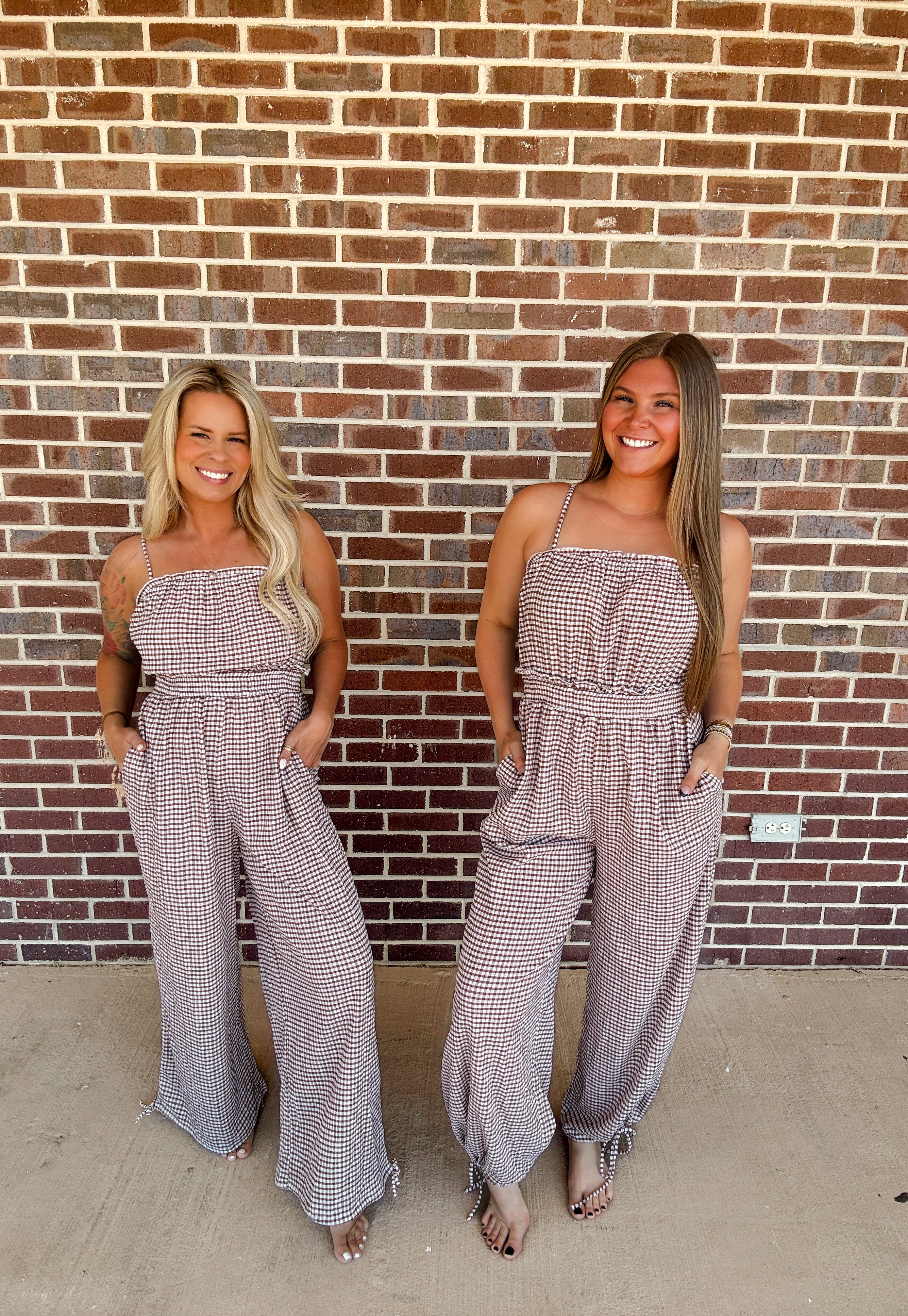 Gingham Plaid Open-Back Bubble-Leg Cami Jumpsuit