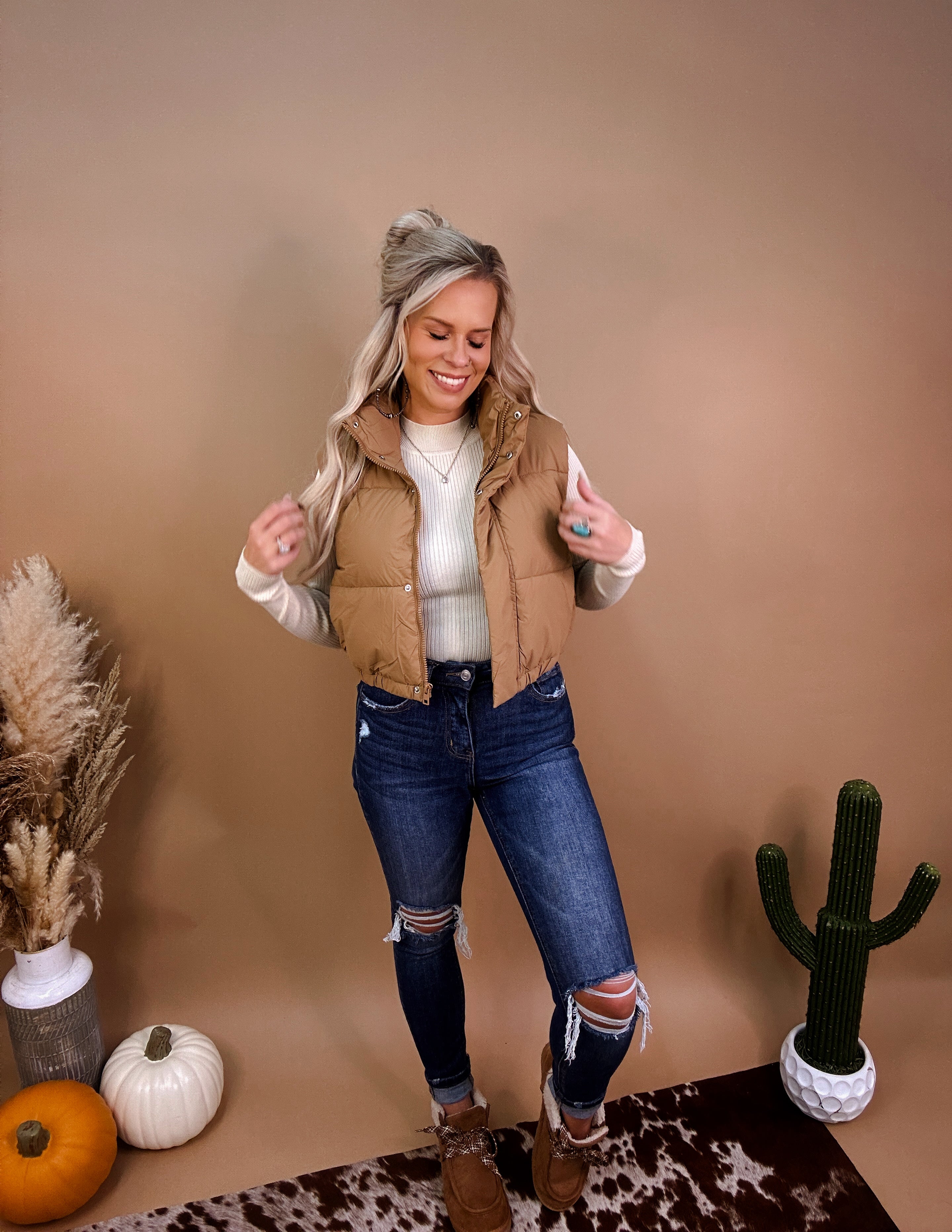 On the go puffer vest- Camel