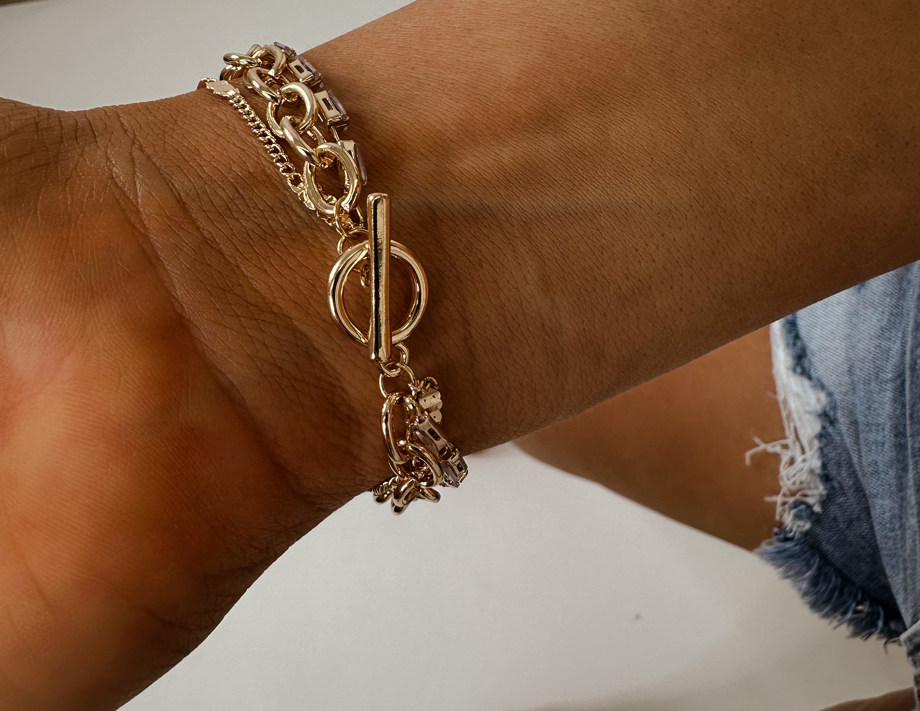 Baguette Stone Multi Layer Toggle Bracelet