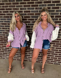 Follow along crochet button down top- Dusty lavender