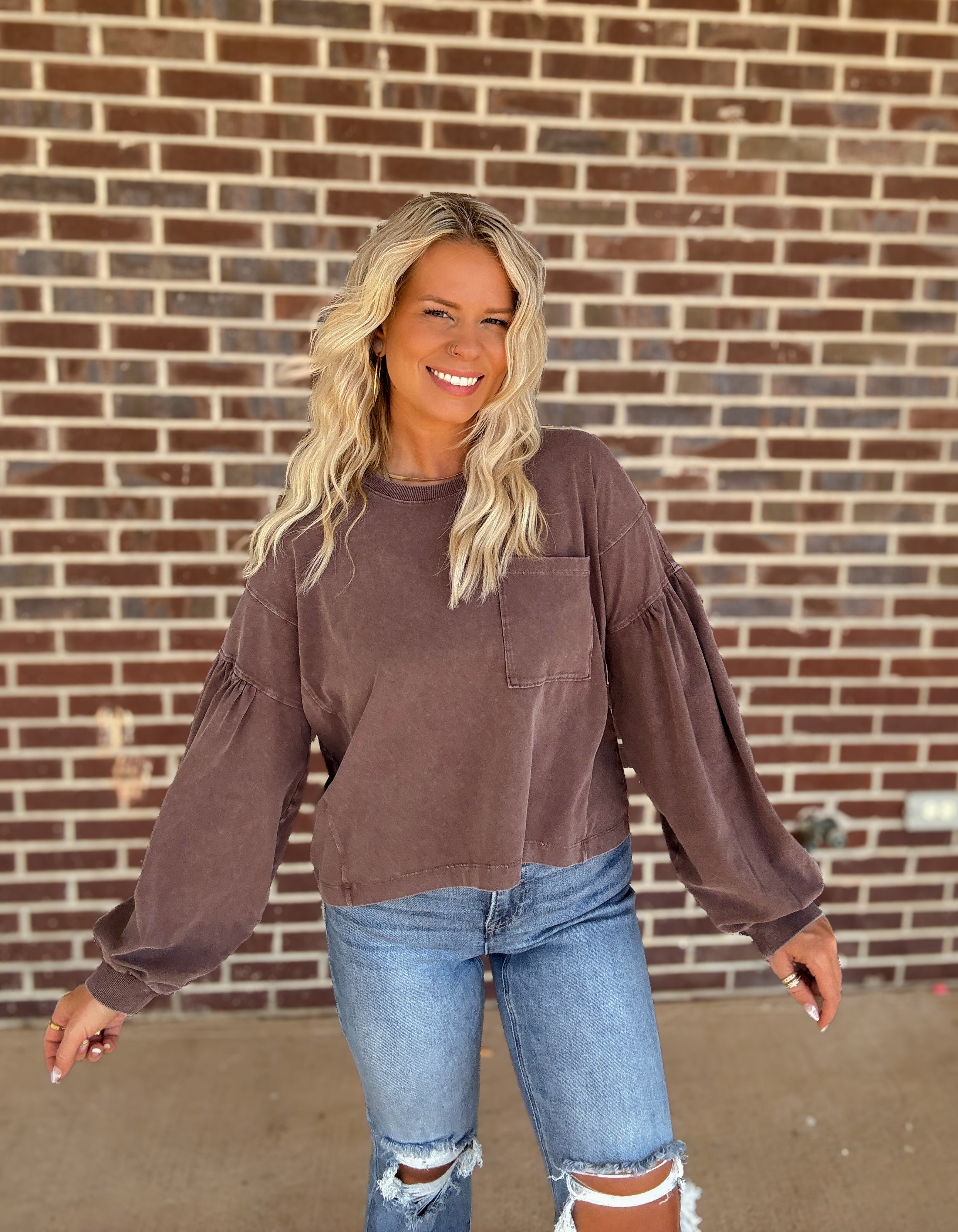 The Della Balloon Sleeve Top- Dark Brown