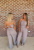 Gingham Plaid Open-Back Bubble-Leg Cami Jumpsuit