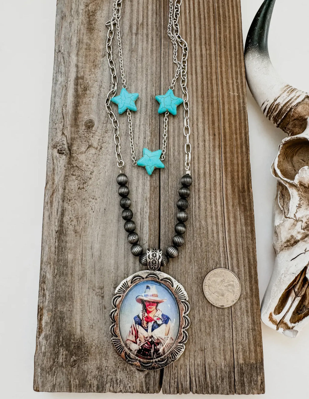 Western Cowboy Pendant Necklace - Turquoise Stars