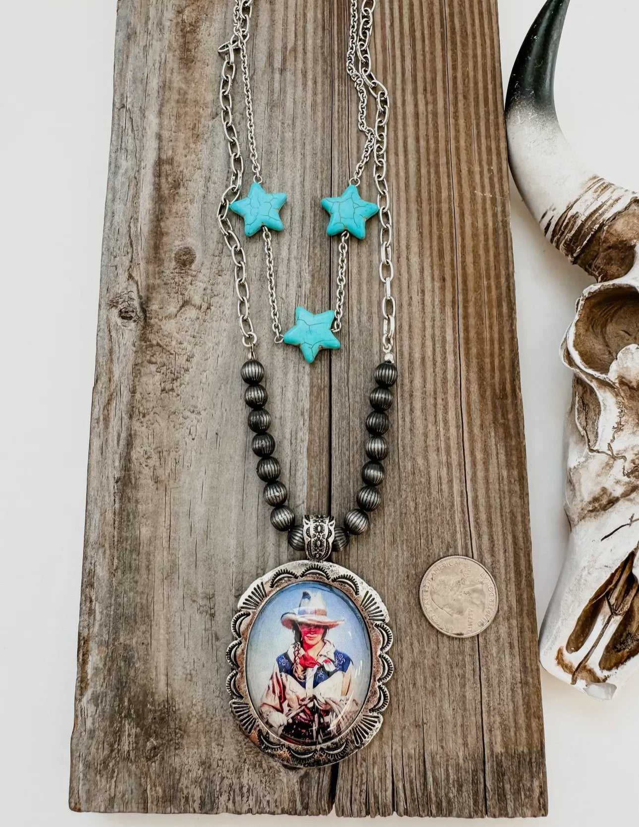 Western Cowboy Pendant Necklace - Turquoise Stars