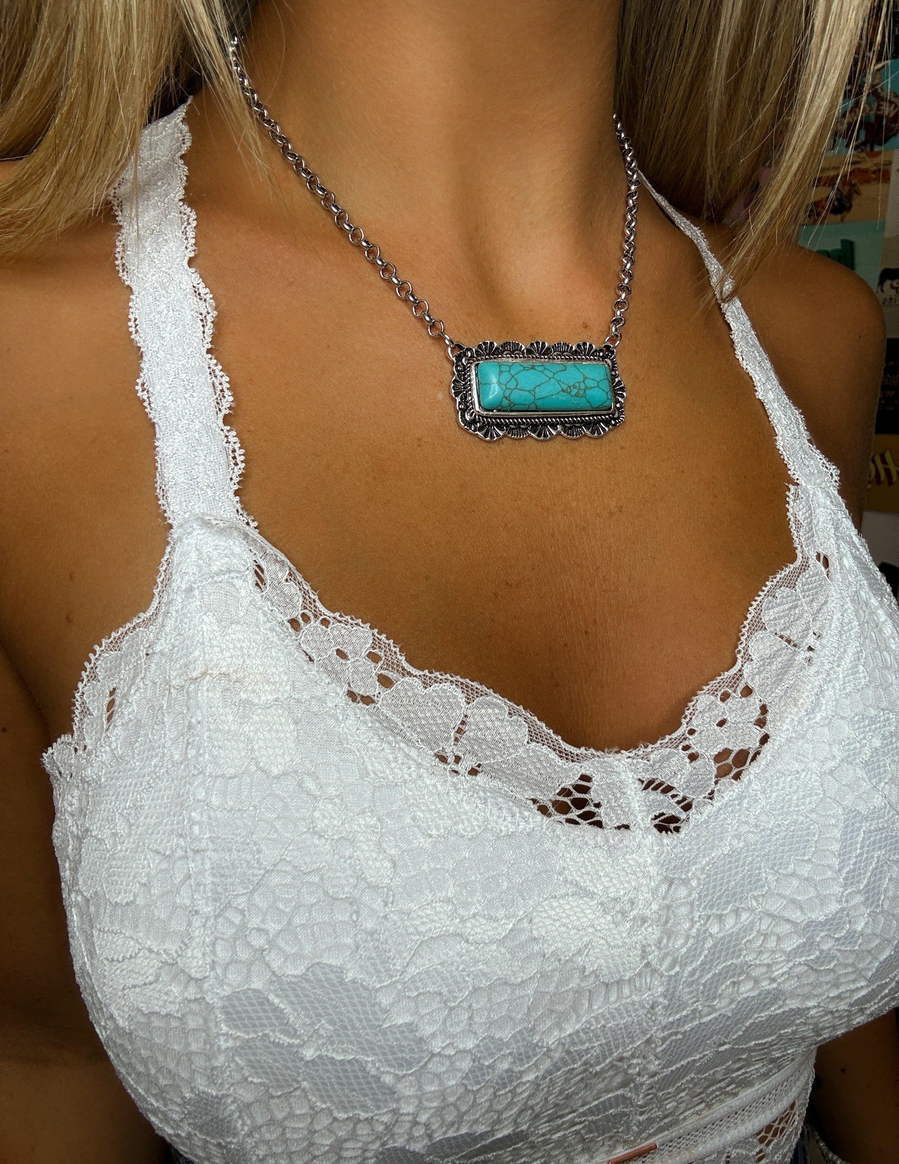 18" Turquoise Bar Necklace with Stamped Border