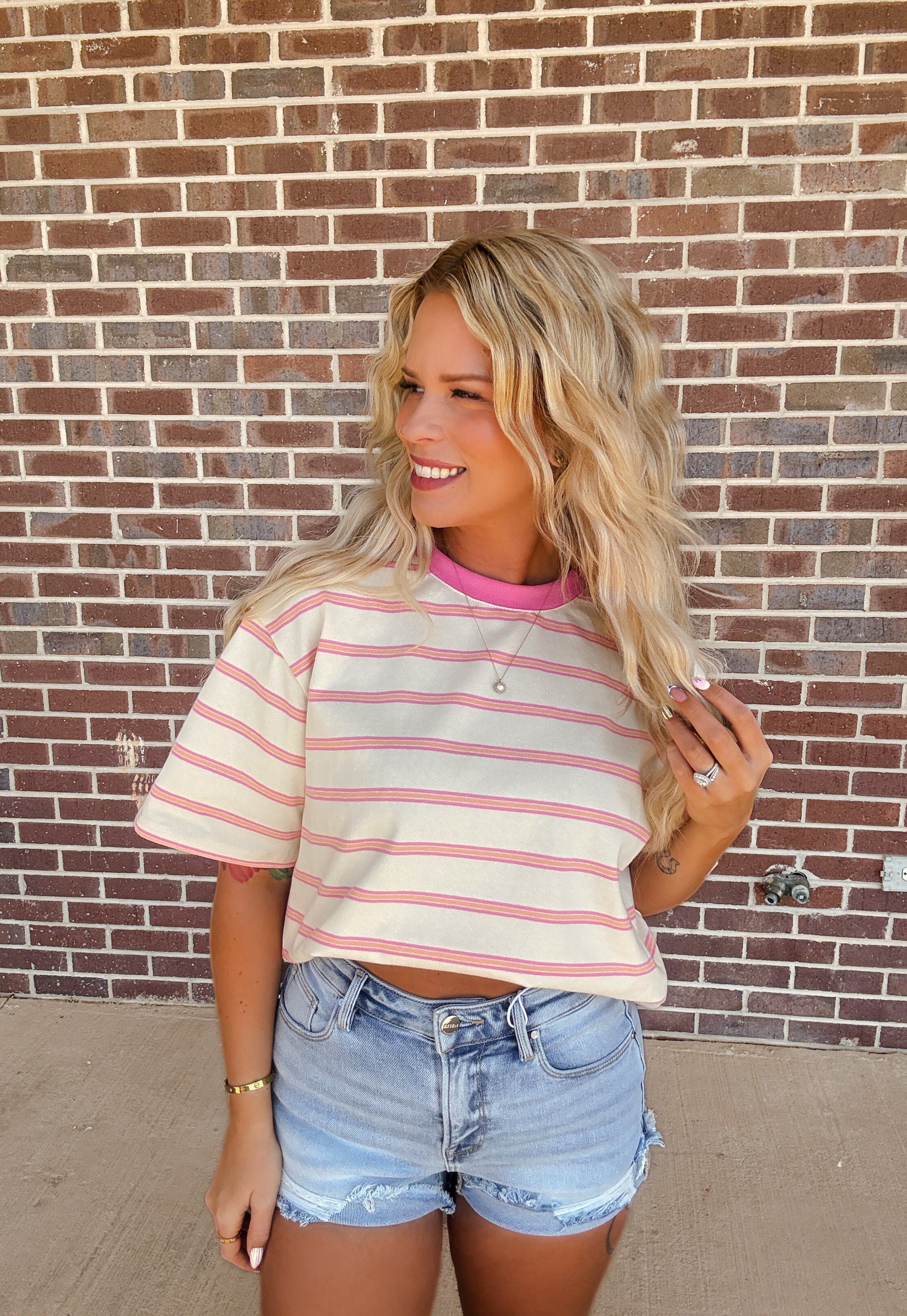 Touch Grass Striped Tee- Ivory/Pink