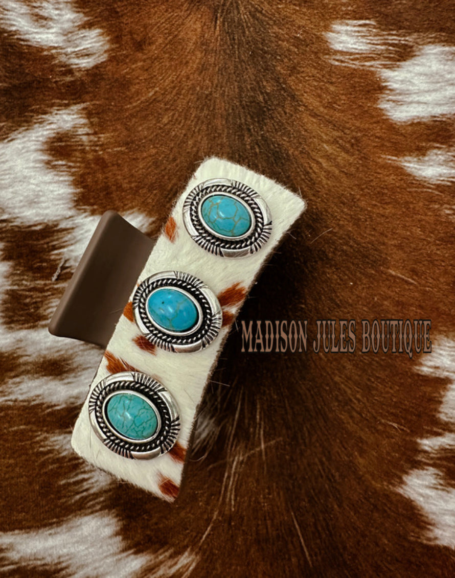 Western Faux Embossed Leather Hair Clip Claw Turquoise Stone