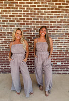 Gingham Plaid Open-Back Bubble-Leg Cami Jumpsuit