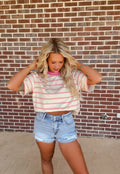 Touch Grass Striped Tee- Ivory/Pink