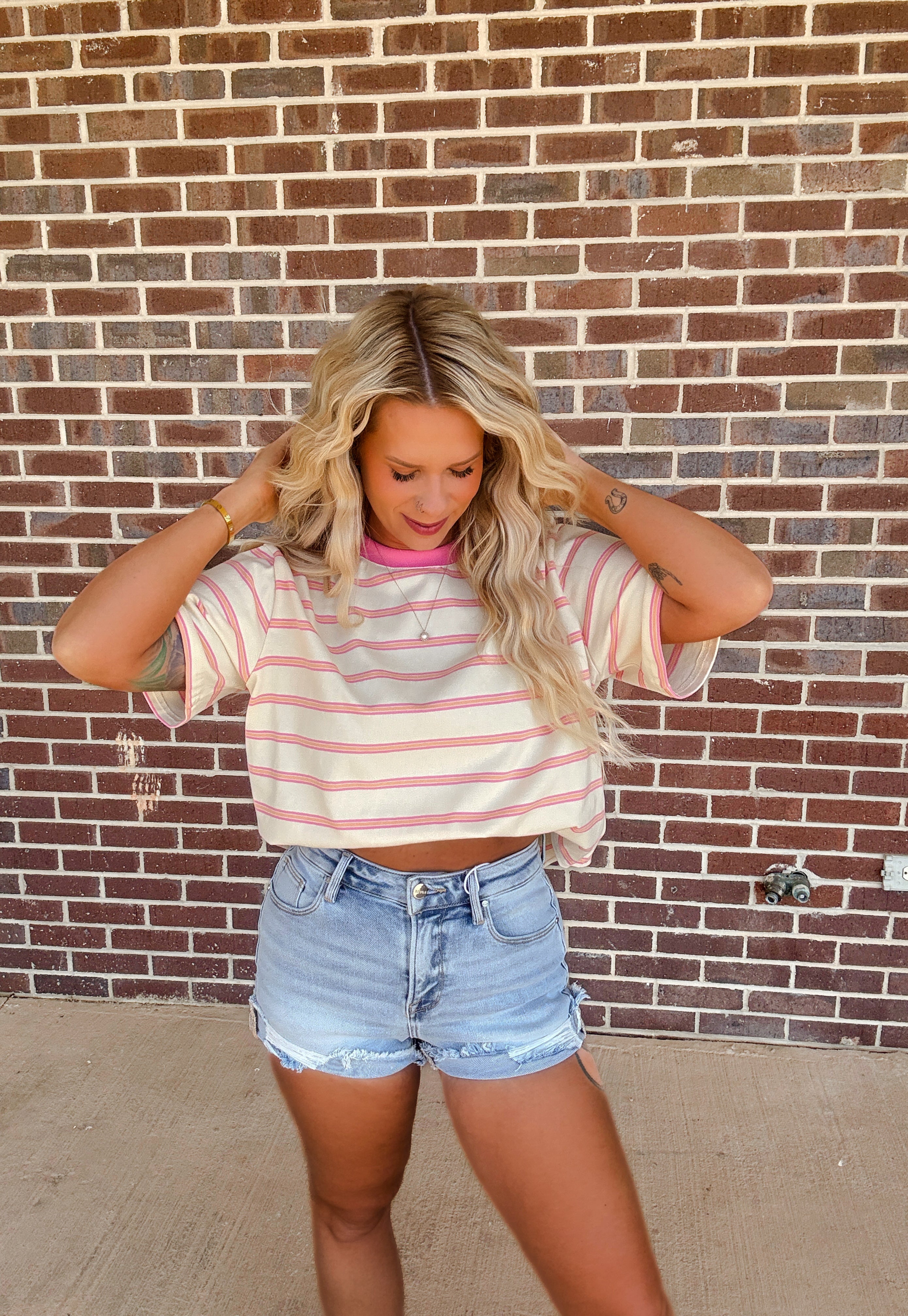Touch Grass Striped Tee- Ivory/Pink