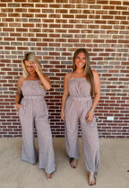 Gingham Plaid Open-Back Bubble-Leg Cami Jumpsuit