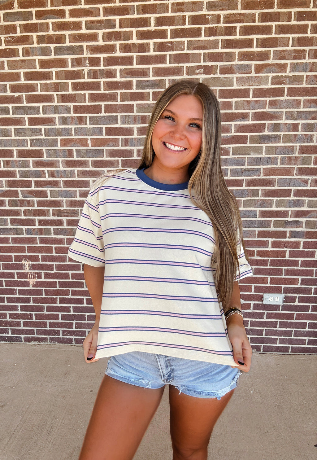 Touch Grass Striped Tee- Ivory Blue