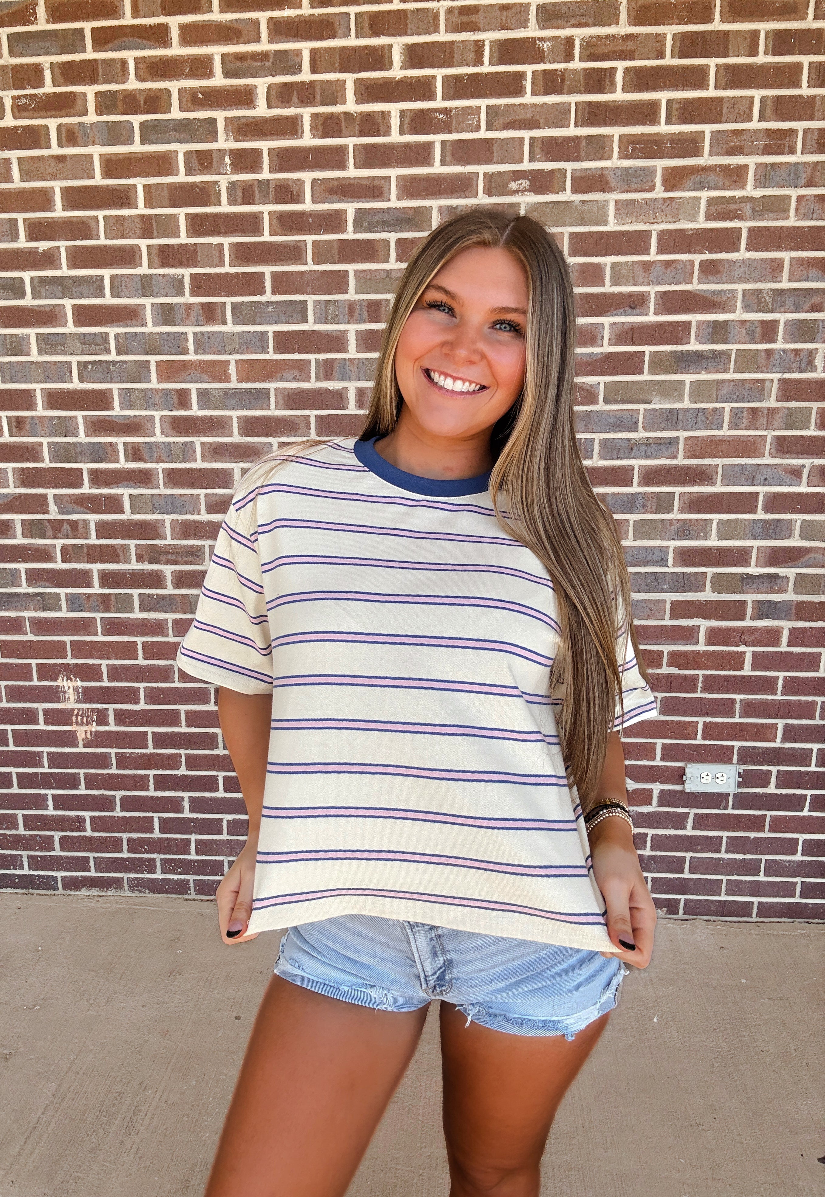 Touch Grass Striped Tee- Ivory Blue