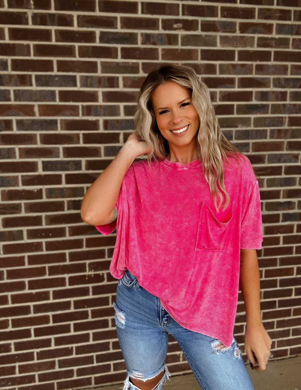 Almost The Weekend Pocket Tee- Hot Pink