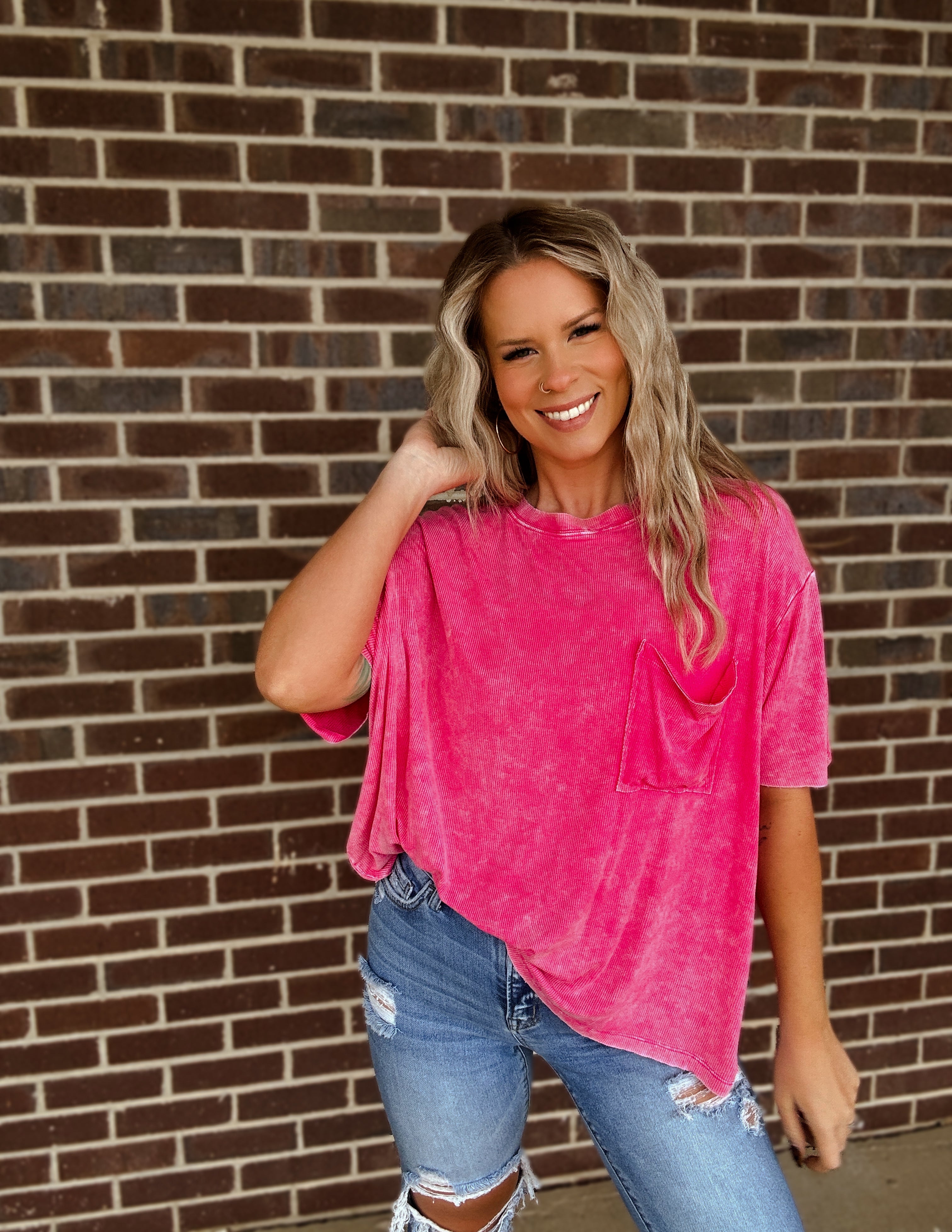 Almost The Weekend Pocket Tee- Hot Pink