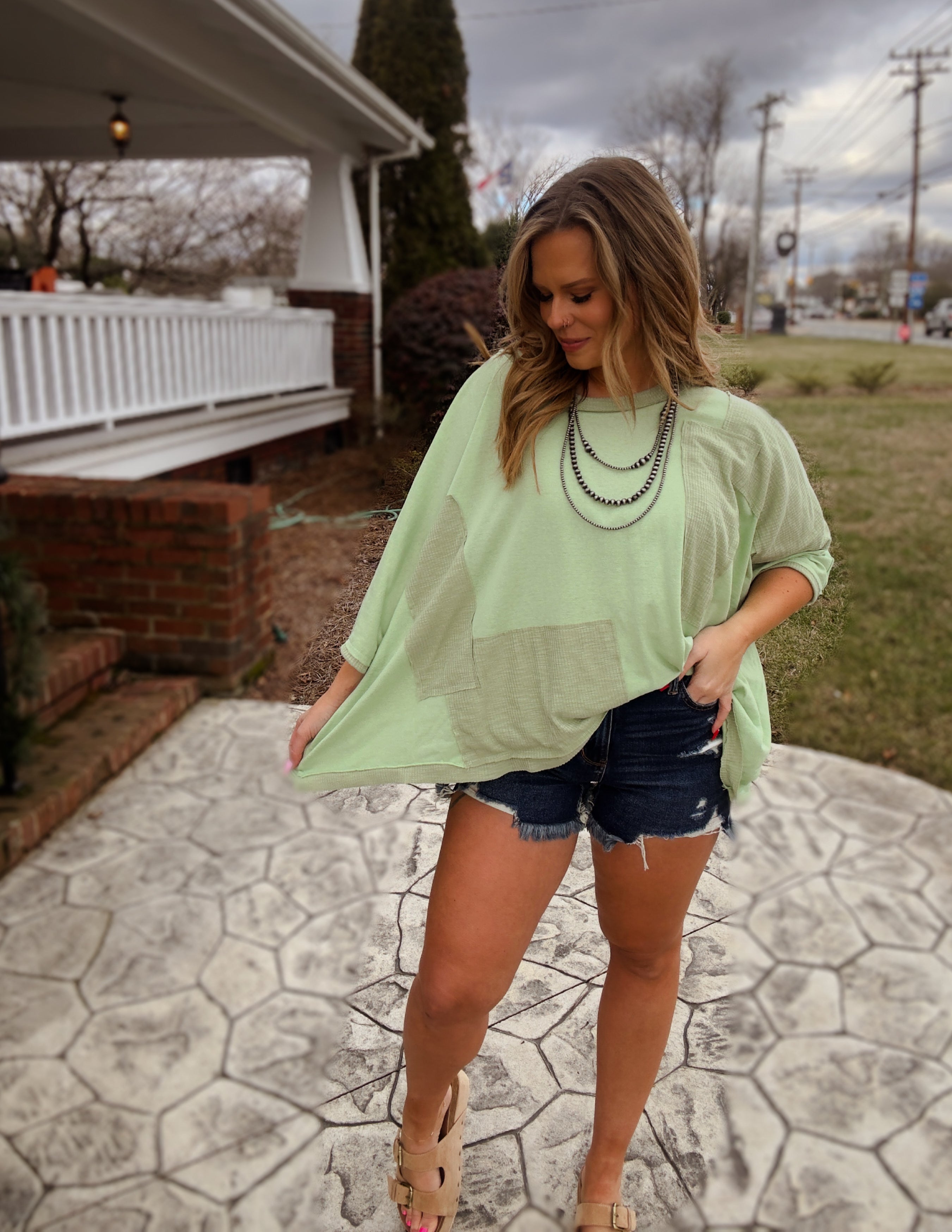 Frayed edge patch work oversized top- Mint Lime