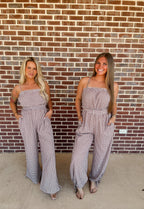 Gingham Plaid Open-Back Bubble-Leg Cami Jumpsuit