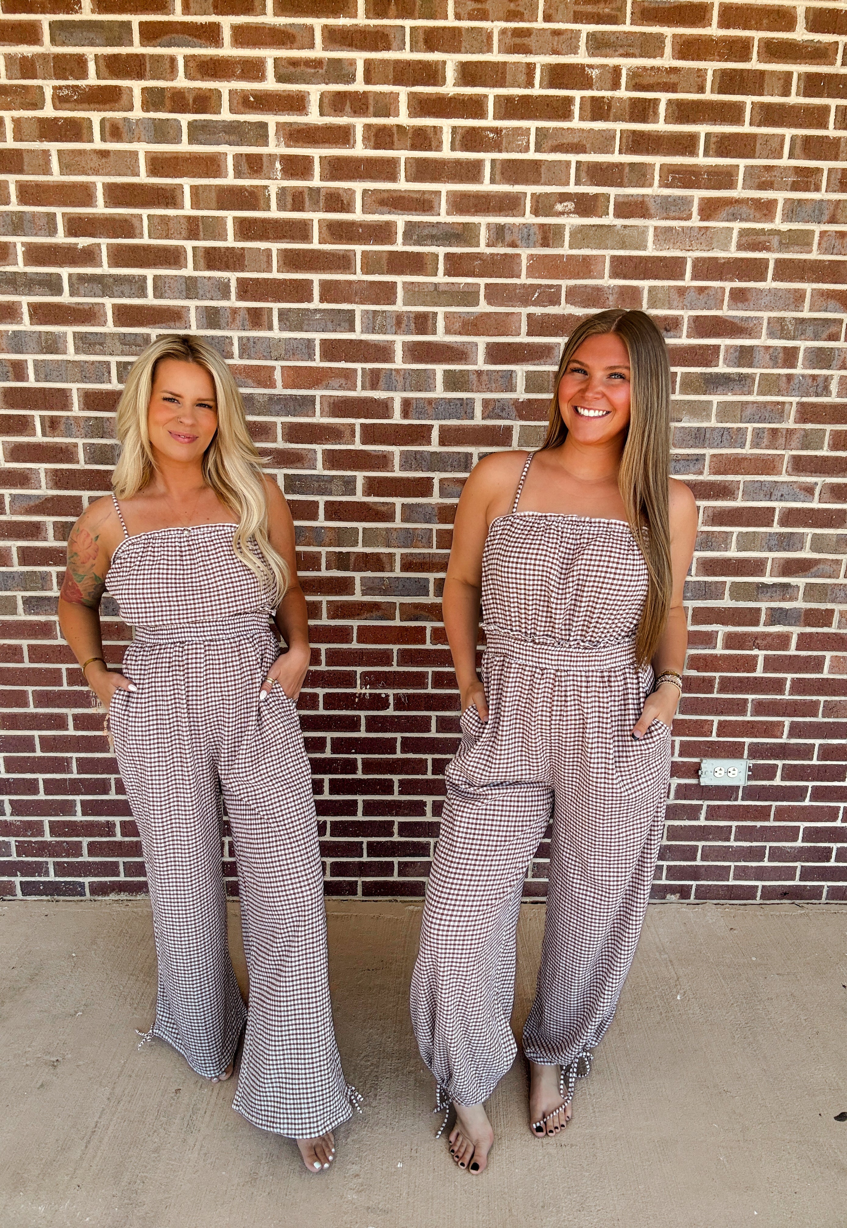 Gingham Plaid Open-Back Bubble-Leg Cami Jumpsuit