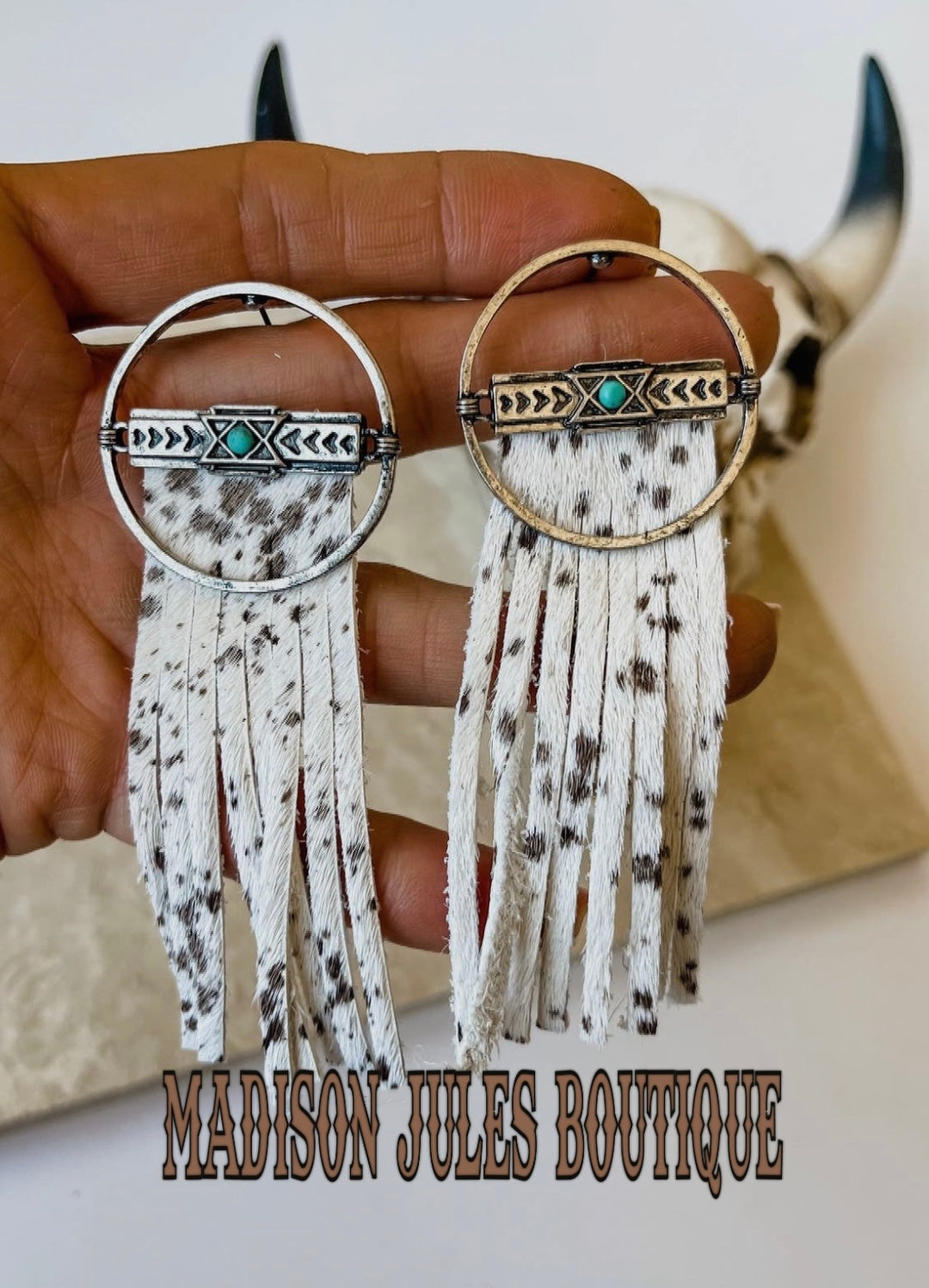 Round Metal Cowhide Fringe Earrings