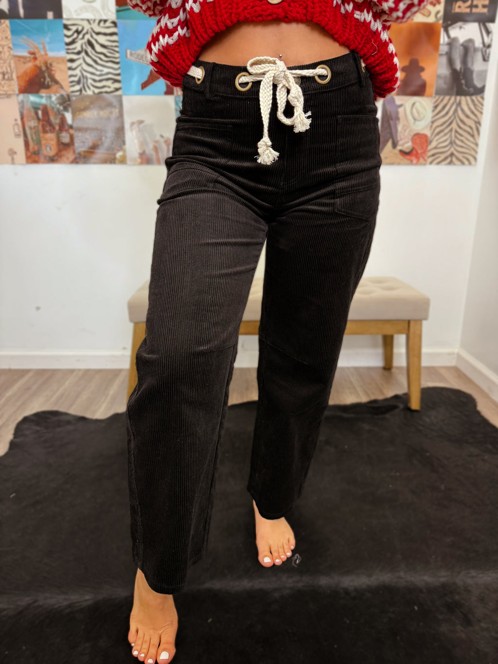 Wild Ride Black Corduory Rope String Pants