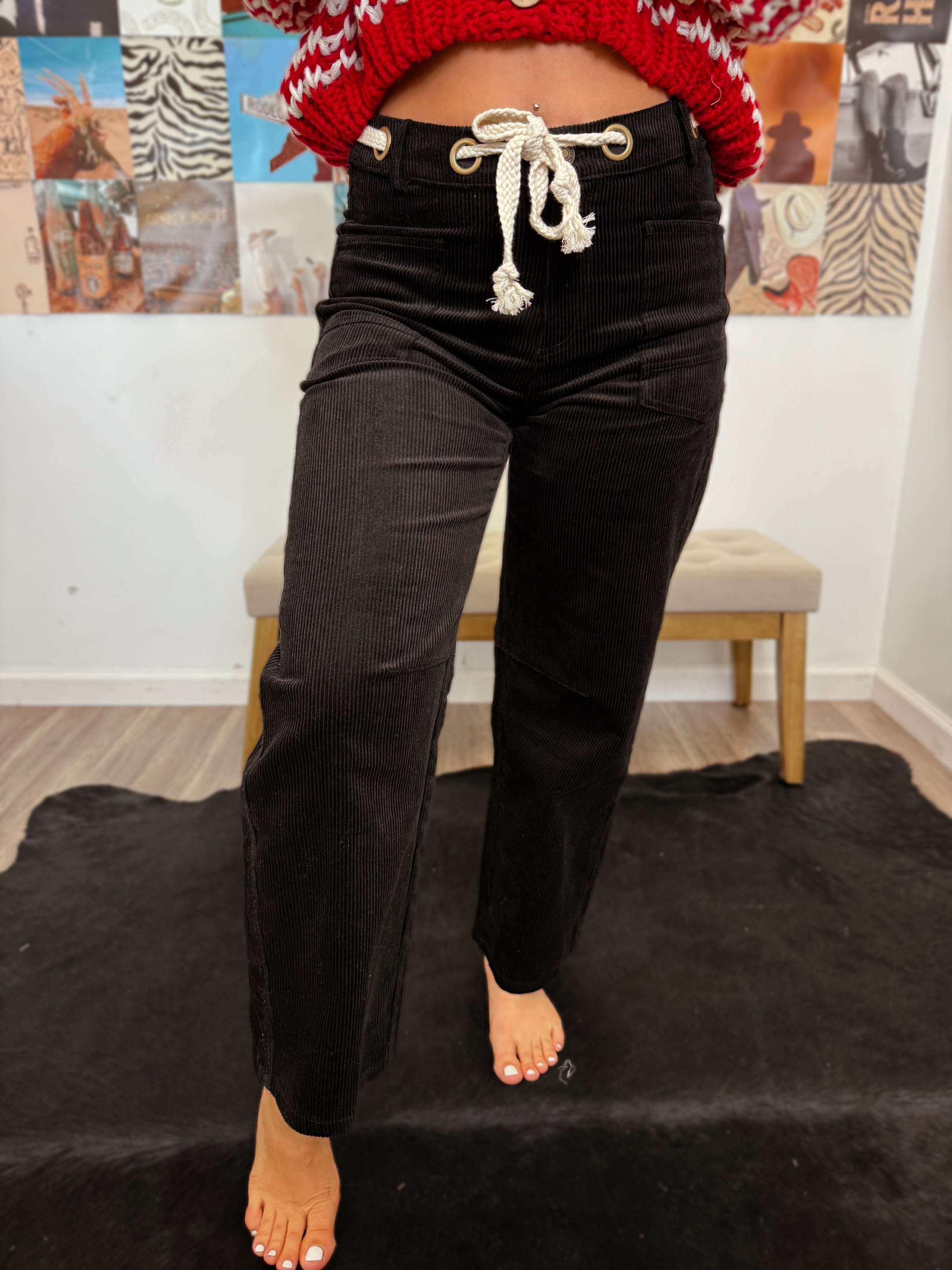 Wild Ride Black Corduory Rope String Pants