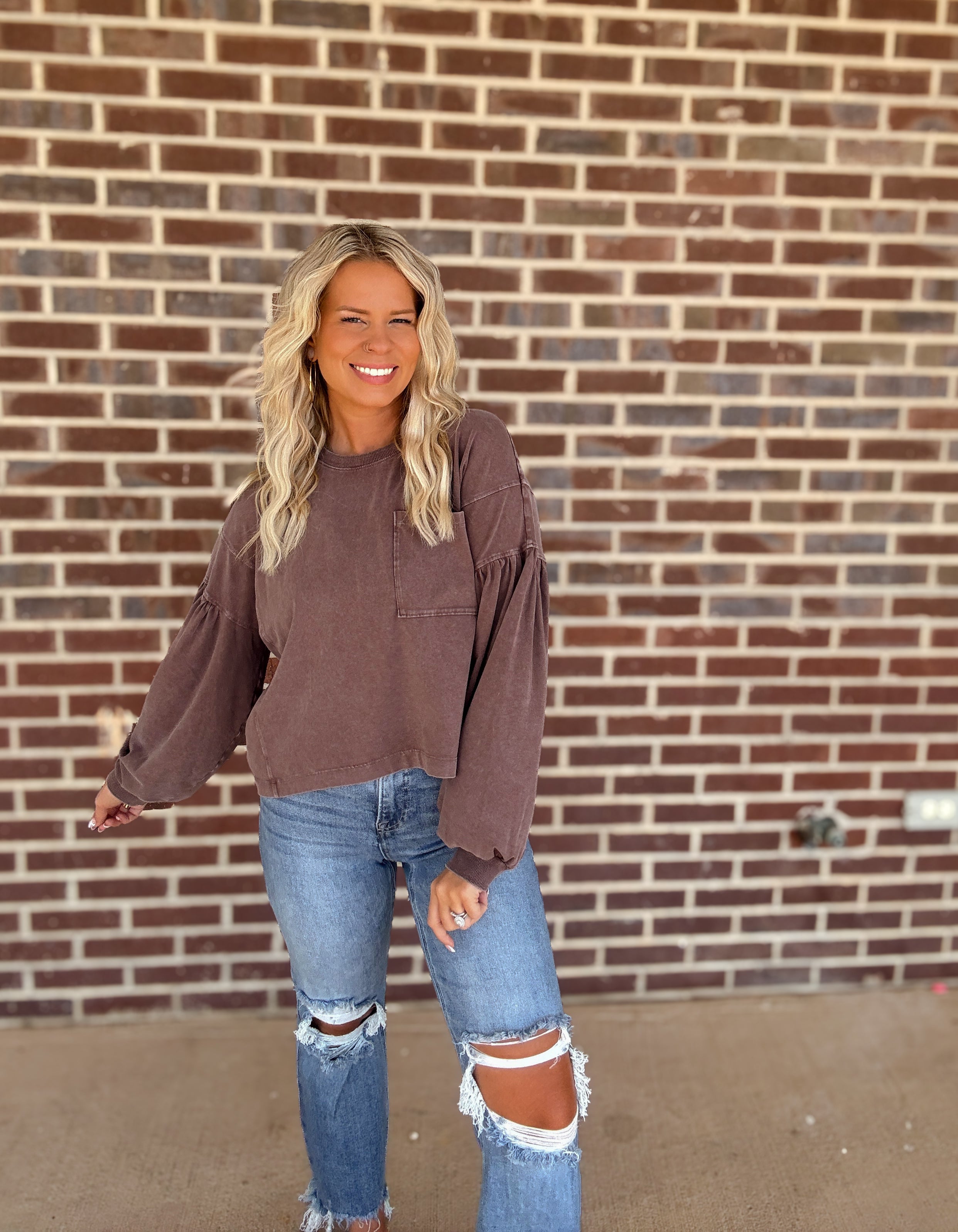 The Della Balloon Sleeve Top- Dark Brown