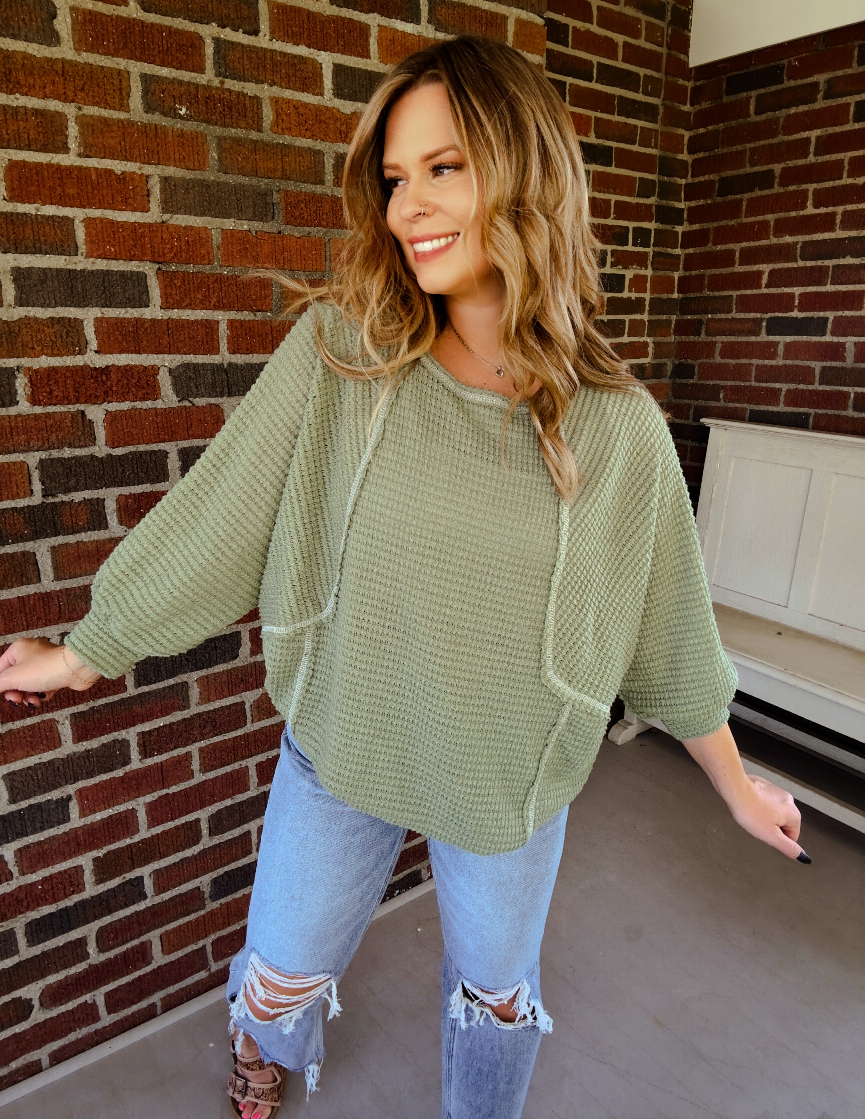 Madison waffle top in olive