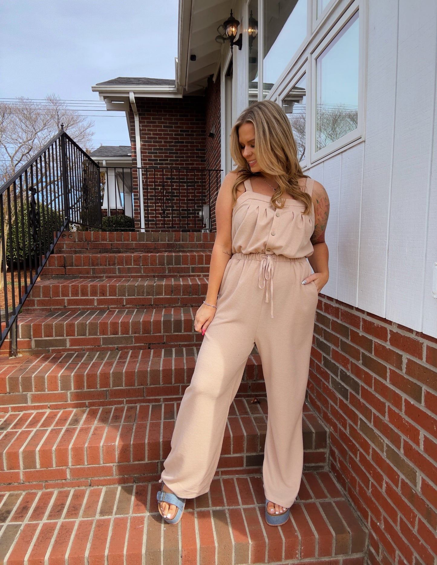 Knotted Straps Button Textured Drawstring Jumpsuit