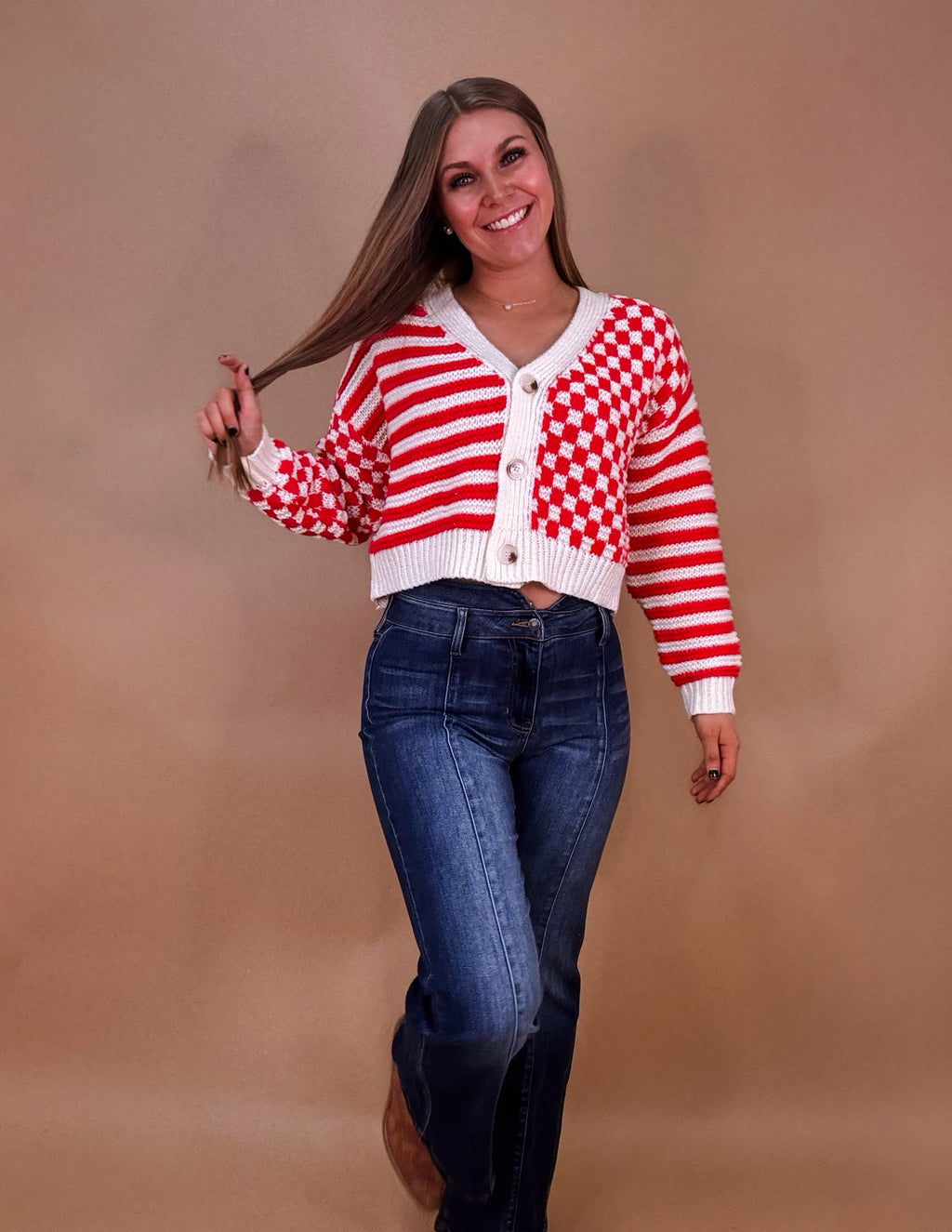 Checked into you cardigan- Red