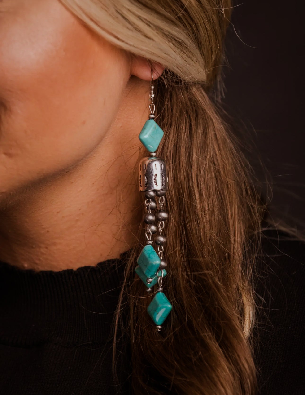 Faux Navajo Pearl & Turquoise Tassel Earring On Fishhook