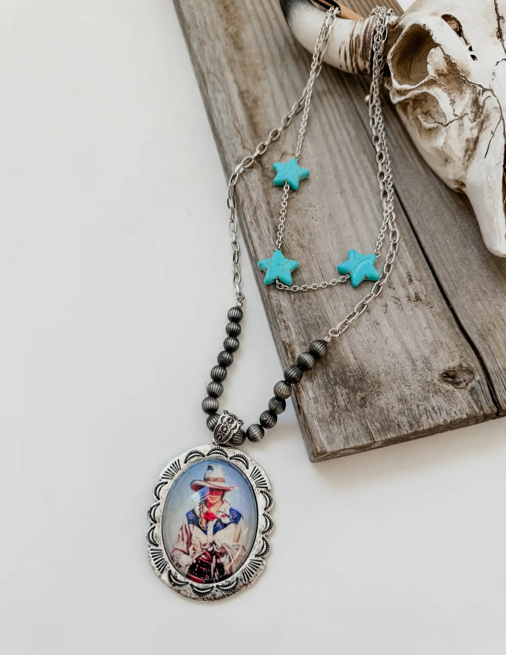 Western Cowboy Pendant Necklace - Turquoise Stars
