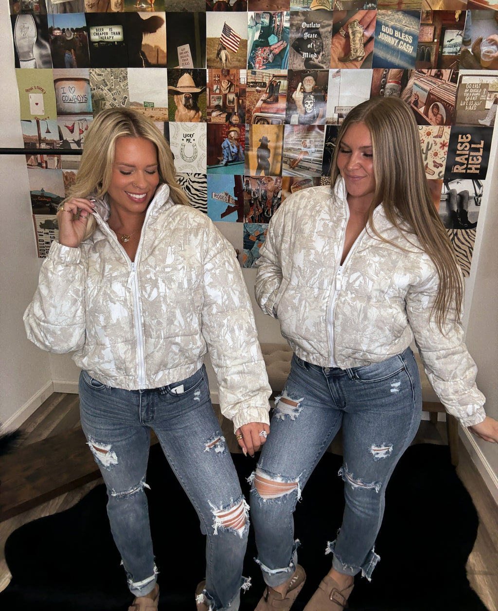 The Camo Light Wash Puffer Jacket