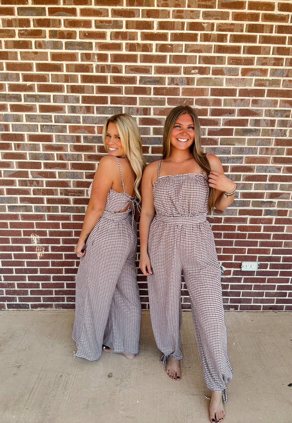 Gingham Plaid Open-Back Bubble-Leg Cami Jumpsuit