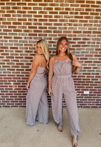 Gingham Plaid Open-Back Bubble-Leg Cami Jumpsuit