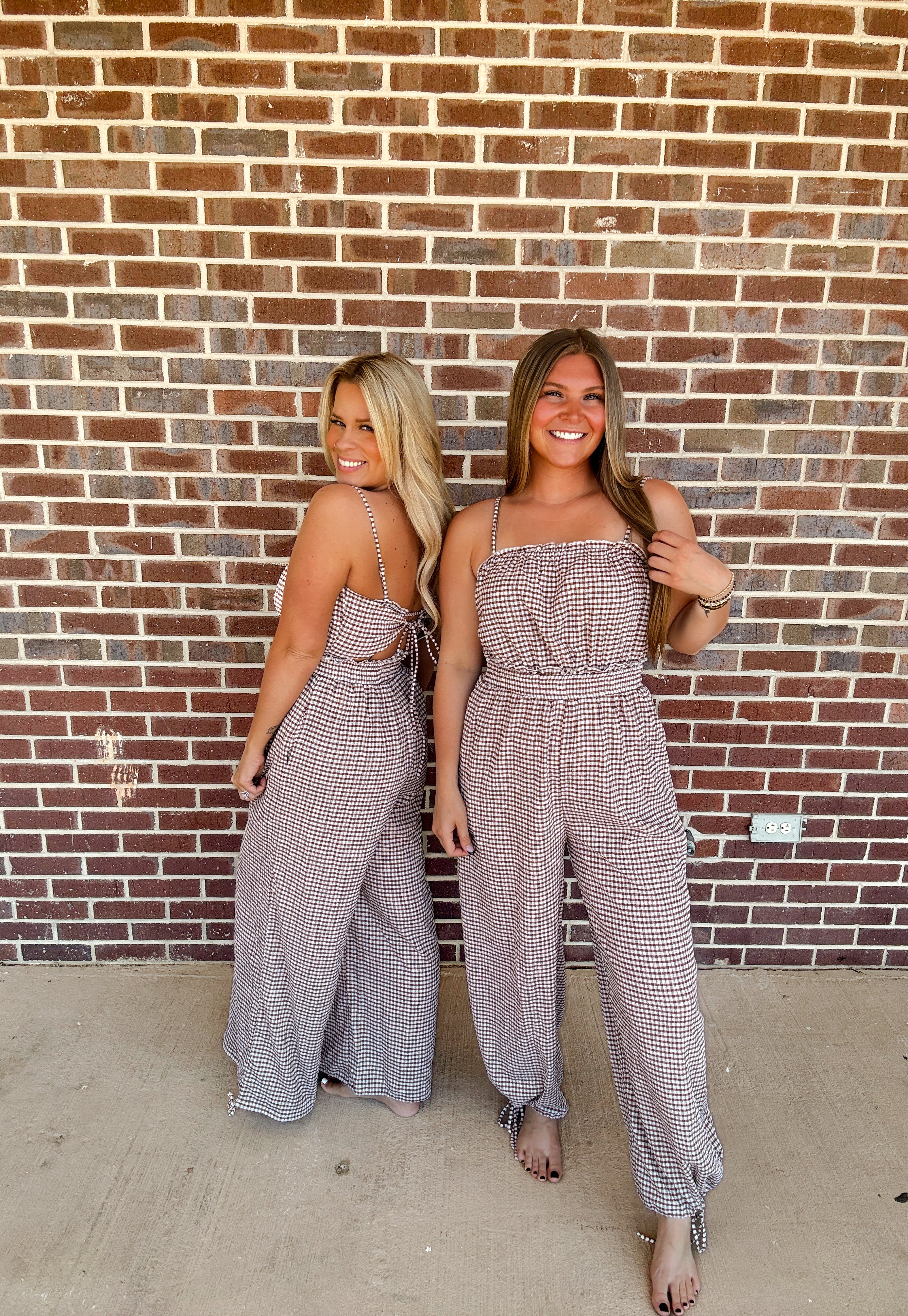 Gingham Plaid Open-Back Bubble-Leg Cami Jumpsuit