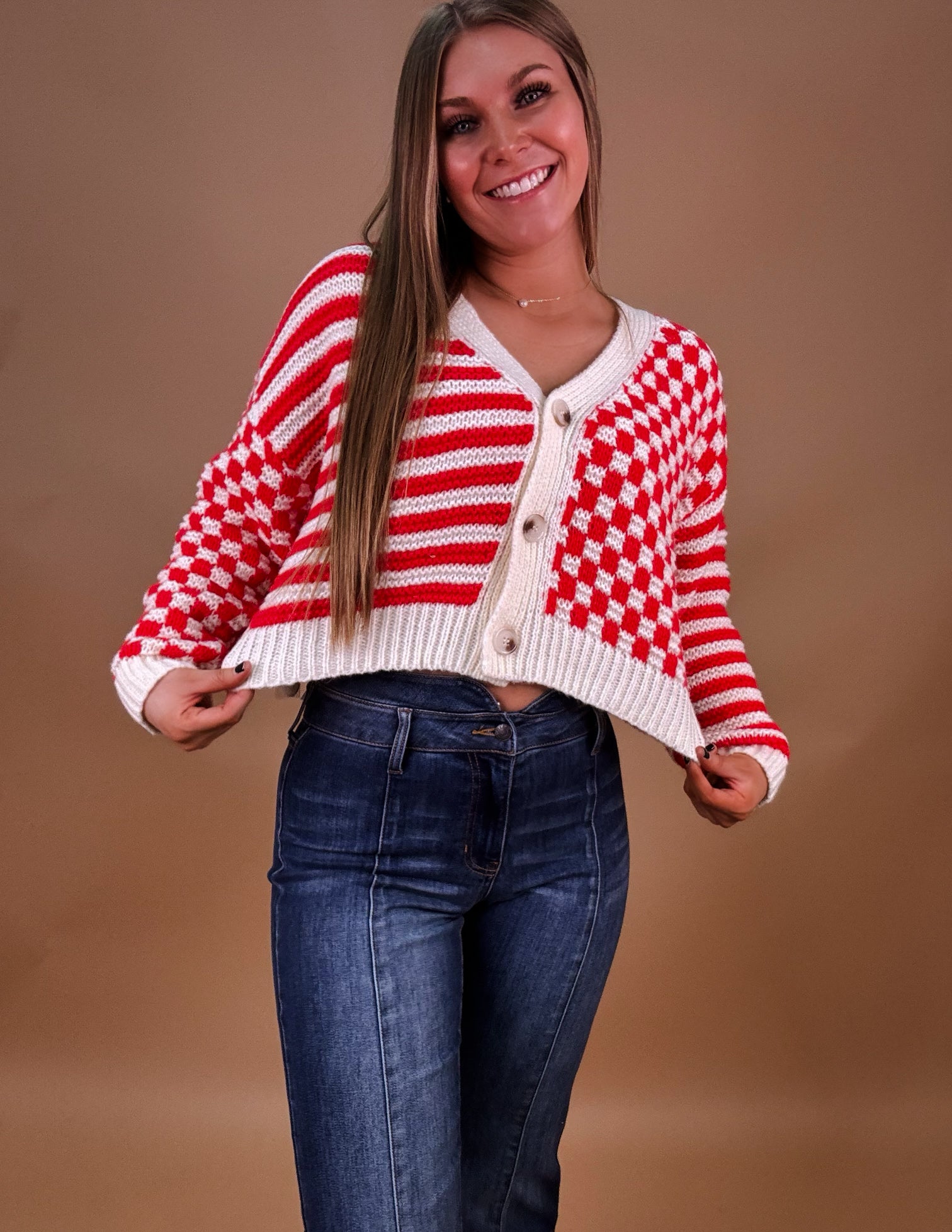 Checked into you cardigan- Red