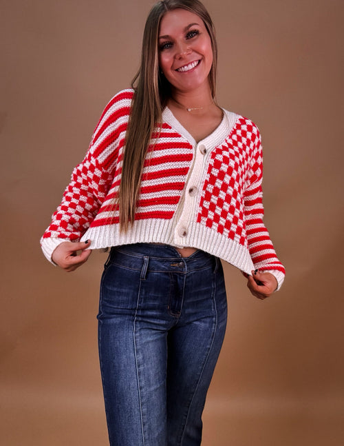 Checked into you cardigan- Red