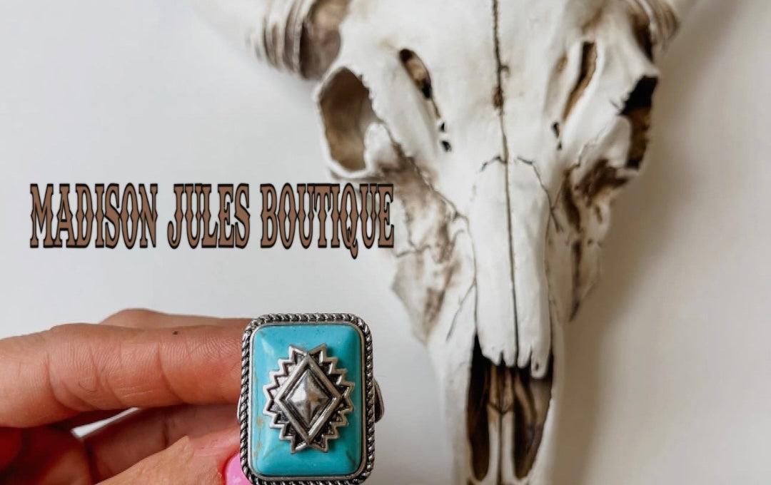 Western Aztec Stretch Ring Turquoise Rectangle