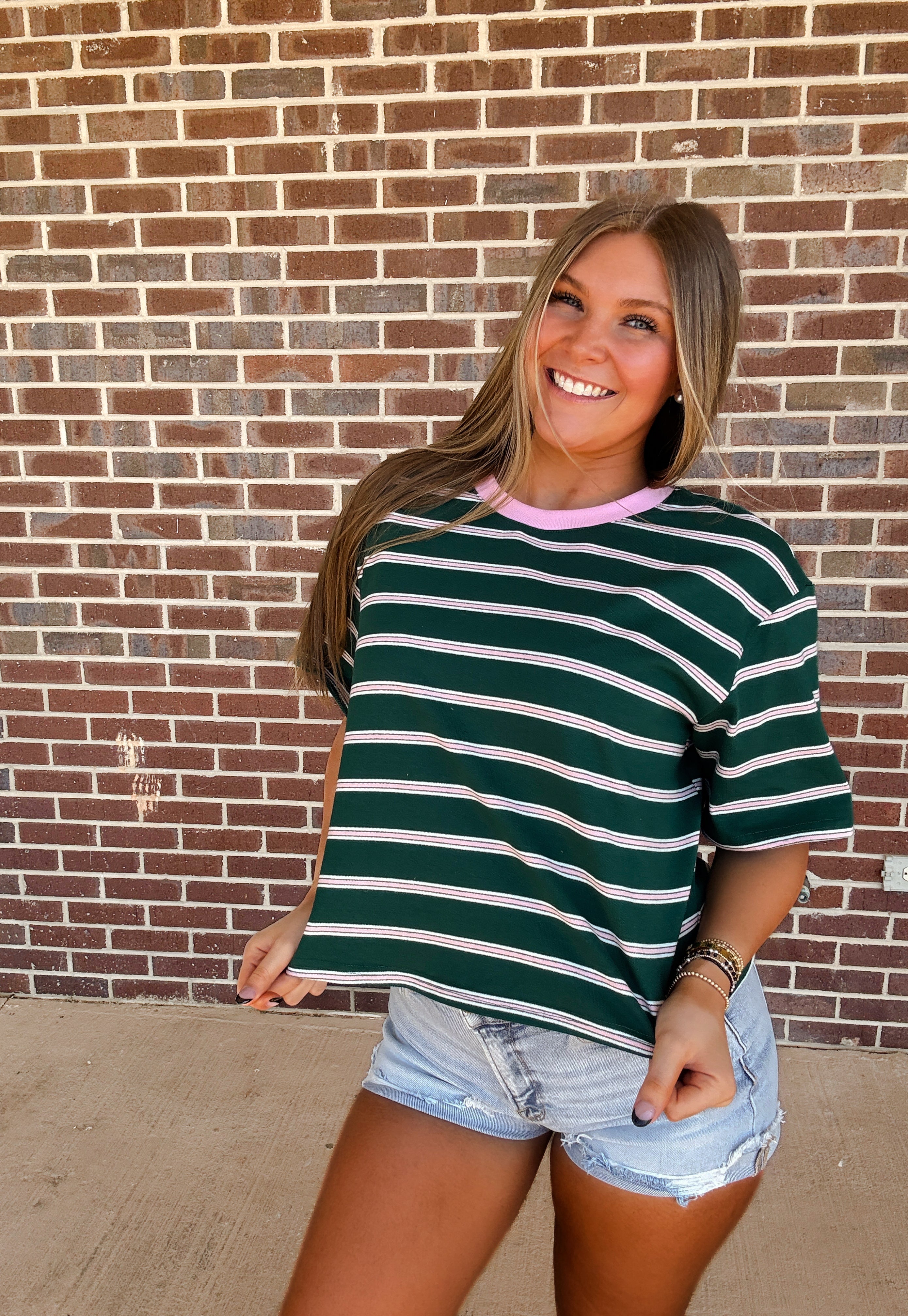 Touch Grass Striped Tee- Green/Pink
