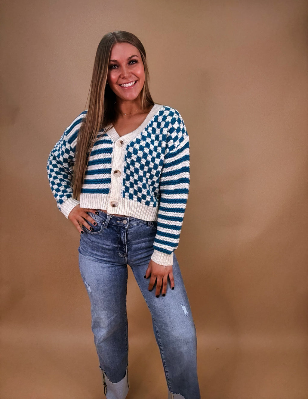 Checked into you cardigan- Teal