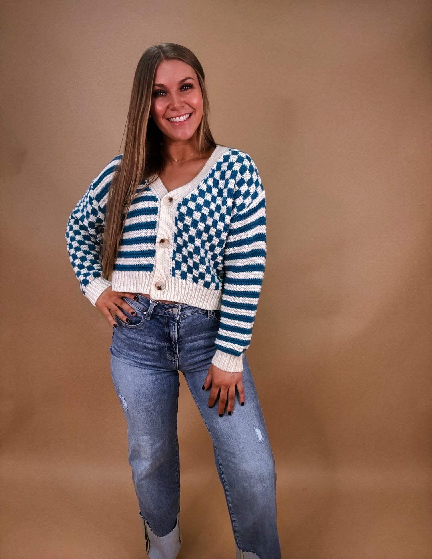 Checked into you cardigan- Teal