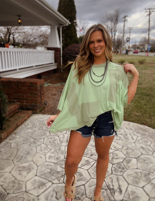 Frayed edge patch work oversized top- Mint Lime