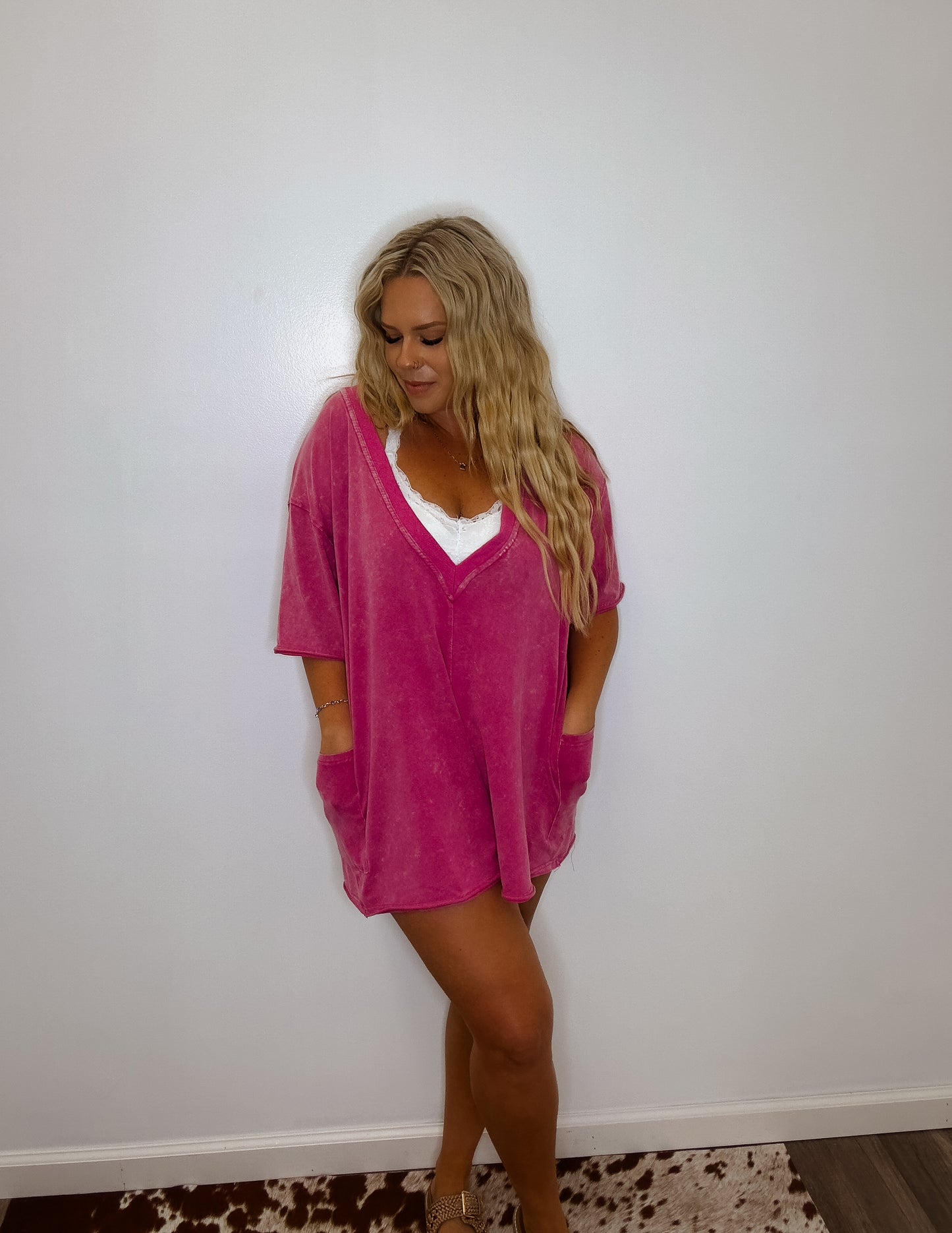 The dreamer tee shirt romper- fuchsia