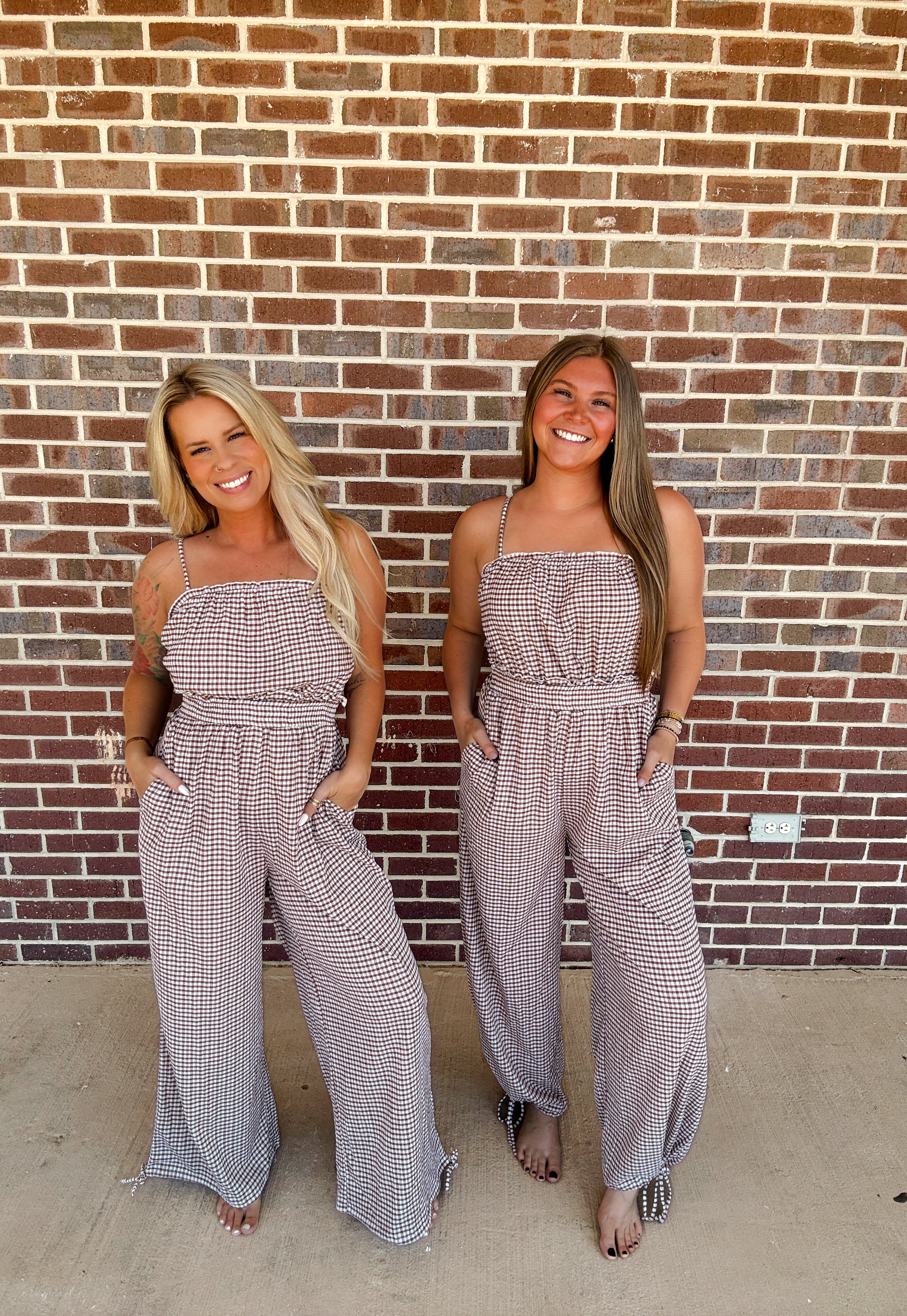 Gingham Plaid Open-Back Bubble-Leg Cami Jumpsuit