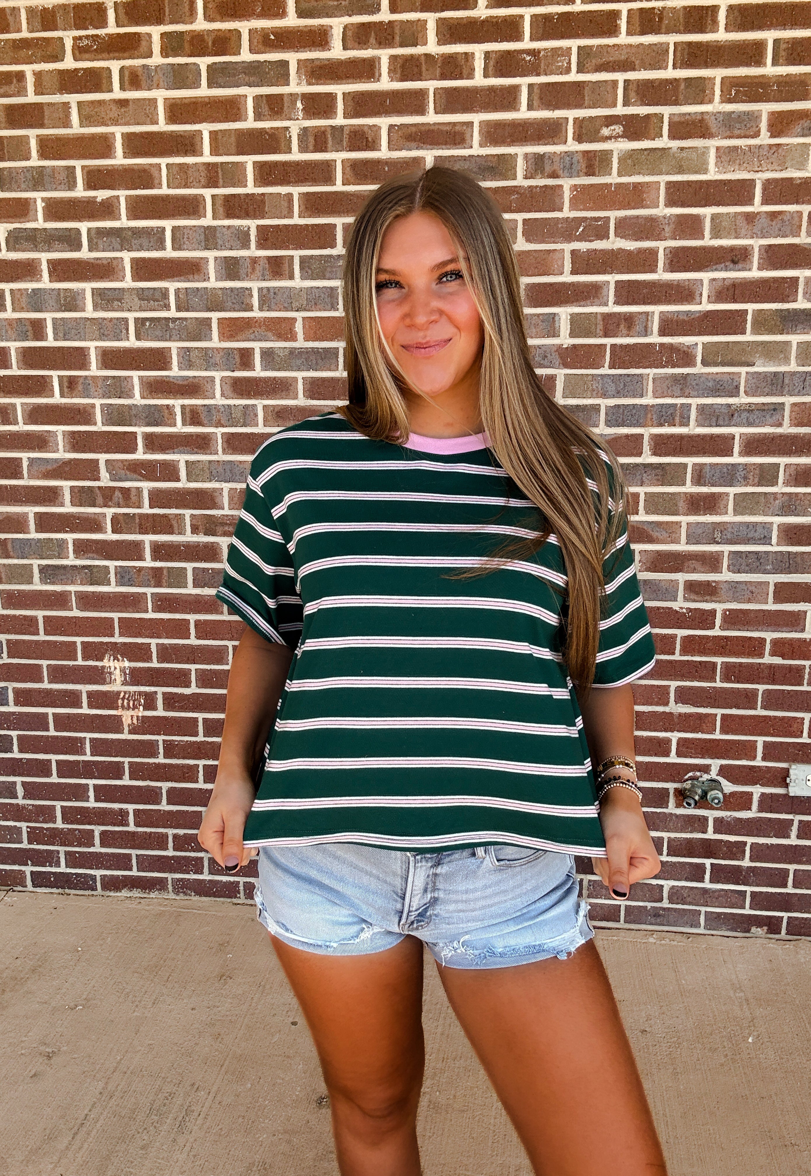 Touch Grass Striped Tee- Green/Pink