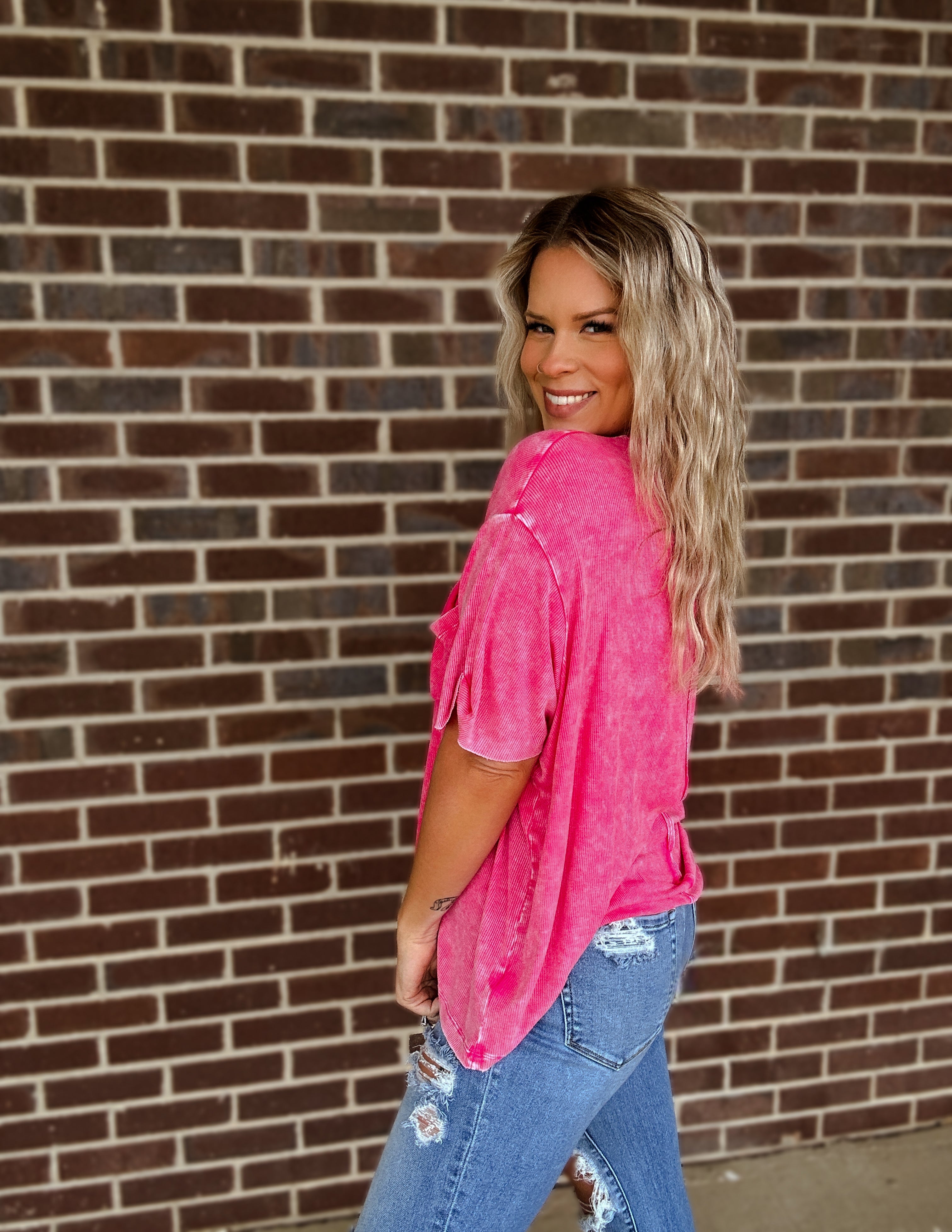 Almost The Weekend Pocket Tee- Hot Pink